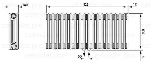 Схема (чертеж) Радиатор Zehnder Charleston 3050/18 №5410 Белый глянцевый RAL 9016